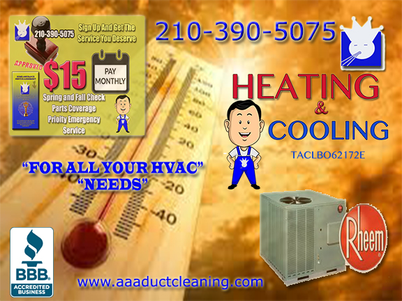 Ac Repair at affordable prices for San Antonio residents. AAA Duct Cleaning Heating and AC Repair San Antonio provides services such as AC Installation and Design, Furnace Repair, Hvac Maintenance commercial and Residential for a low monthly rate San Antonio call our offices and speak to a certified ac tech today. When outdoor ambient temperatures reach 90° and above air-conditioning and heating systems San Antonio begin to break down. San Antonio don't be left without heating or cooling contact the guys down at AAA Duct Cleaning and have your AC repair or annual system checks done by the pros call us today at 210–390–5075.